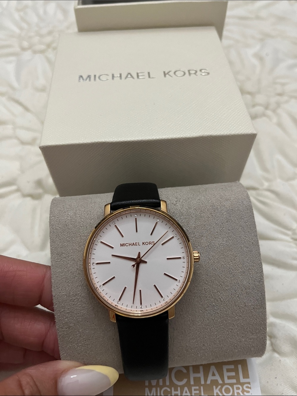 Michael Kors Black Leather Strap rose gold Gold-Tone Case White Dial Watch